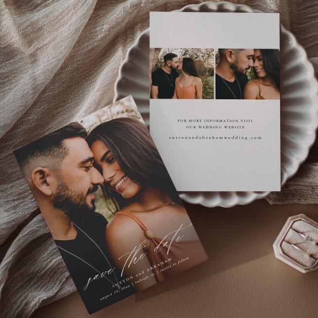 Flyer Orçamento de roteiro de casamento foto salvar data (Elegant script simple 3 photo overlay wedding save the date announcement cards.)