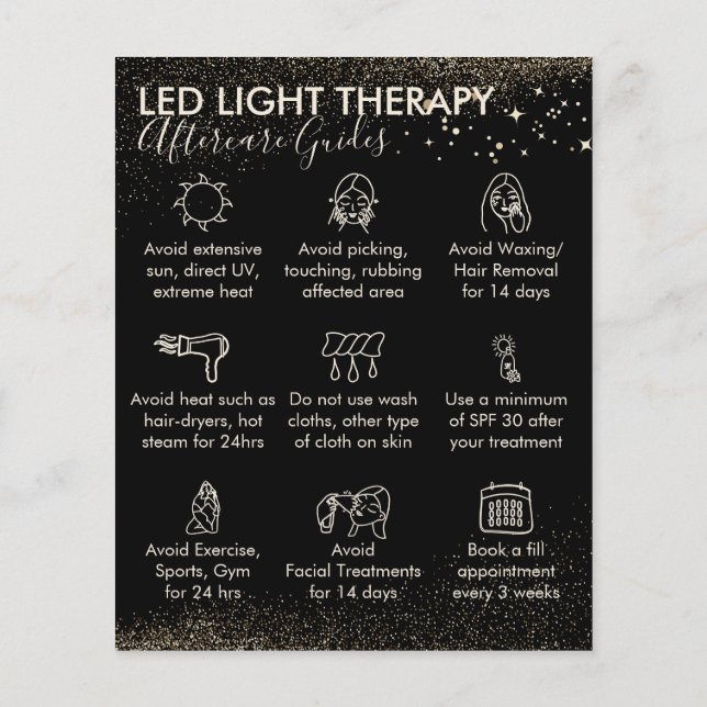 Flyer Orçamento de terapia com luz LED de brilho dourado (Verso)