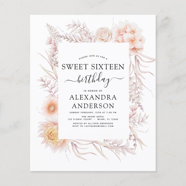 Flyer Orçamento Doce 16 Boho Dusty Floral Rosa Aniversár (Frente)