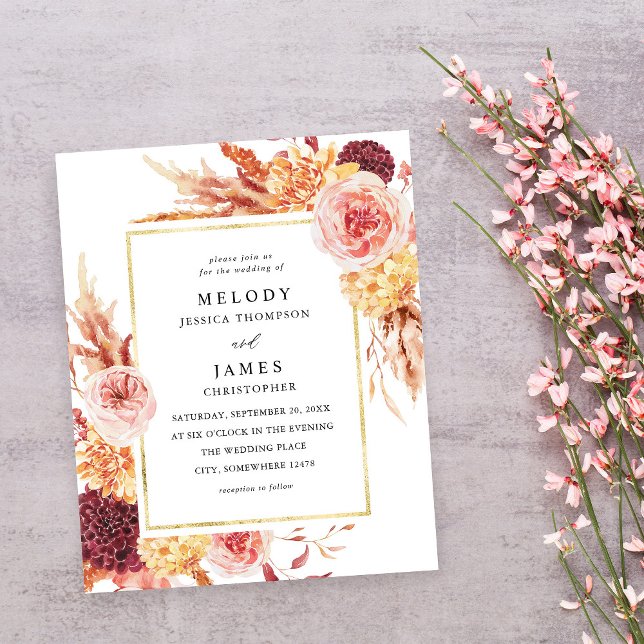 Flyer Orçamento Dourado Burgundy Blush Rosa Floral Casam (Criador carregado)