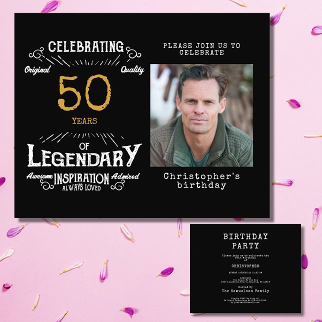 Flyer Orçamento Dourado Preto 50º Convite de Aniversário (Celebrate the golden age of your loved one's life with this budget-friendly 50th birthday invitation)