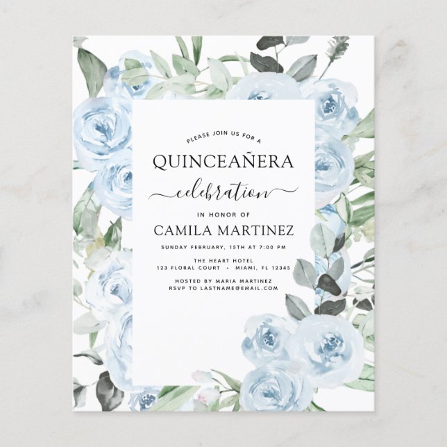 Flyer Orçamento Dusty Blue Quinceañera Convite Floral (Frente)