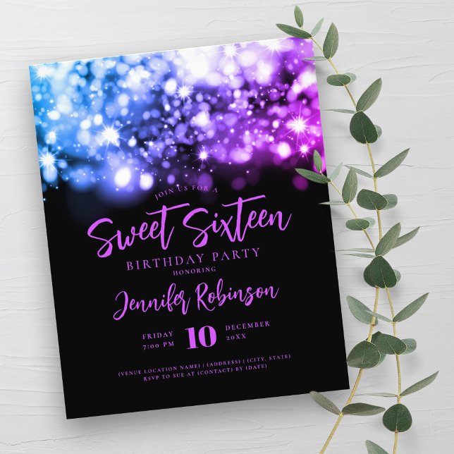 Flyer Orçamento Elegante Blue Spark Sweet 16 Convite (Elegant Budget Purple Blue Spark Sweet 16 Invite Flyer)