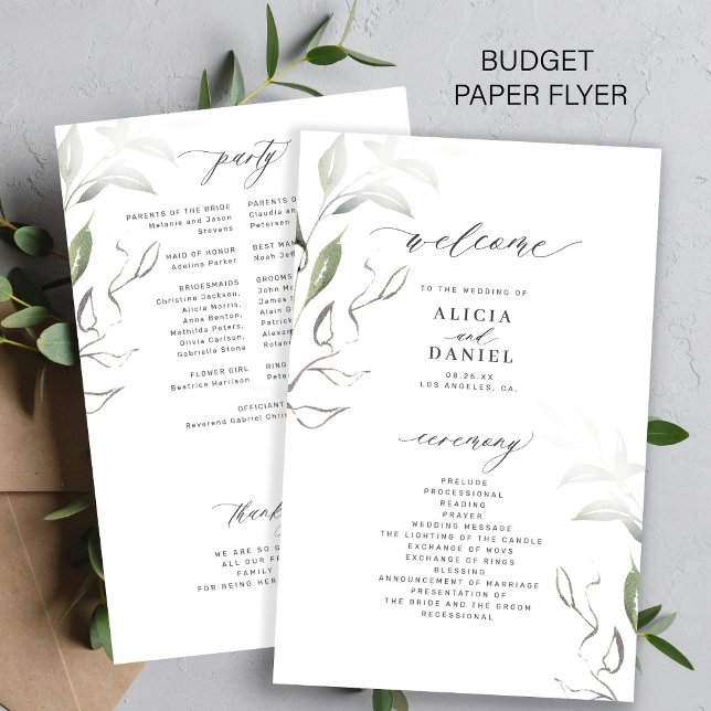 Flyer Orçamento elegante folhas verdes programa de casam (Criador carregado)