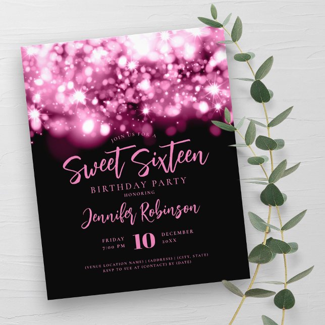 Flyer Orçamento Elegante Hot Pink Sparkle Sweet 16 Convi (Elegant Budget Hot Pink Sparkle Sweet 16 Invite Flyer)