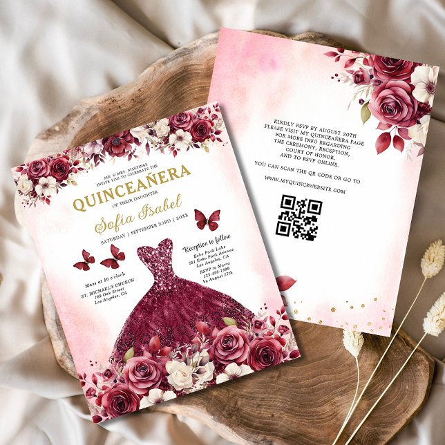 Flyer Orçamento Floral Burgundy Código QR Quinceanera (Criador carregado)
