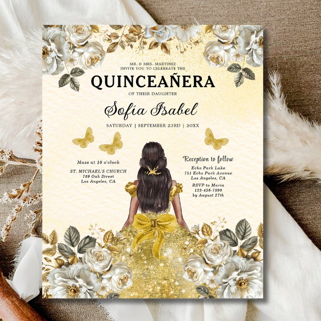 Flyer Orçamento Floral Dourada Borboleta Princesa Quince (Criador carregado)