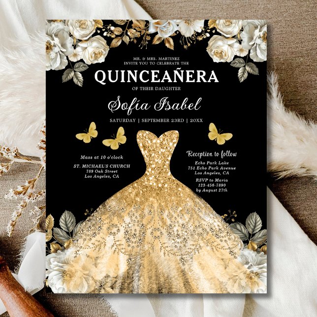 Flyer Orçamento Floral Dourada Borboleta Princesa Quince (Criador carregado)