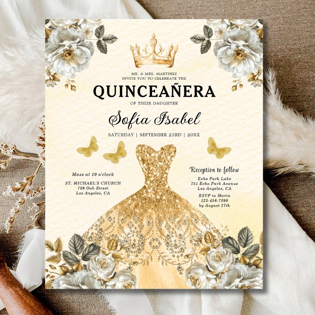 Flyer Orçamento Floral Dourada Borboleta Princesa Quince (Criador carregado)