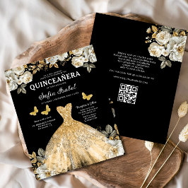 Flyer Orçamento Floral Dourado Código QR Princesa Quince