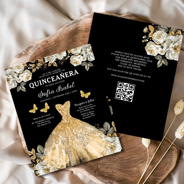 Flyer Orçamento Floral Dourado Código QR Princesa Quince (Criador carregado)
