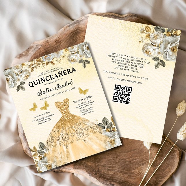 Flyer Orçamento Floral Dourado Código QR Princesa Quince (Criador carregado)