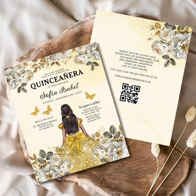 Flyer Orçamento Floral Dourado Código QR Princesa Quince (Criador carregado)