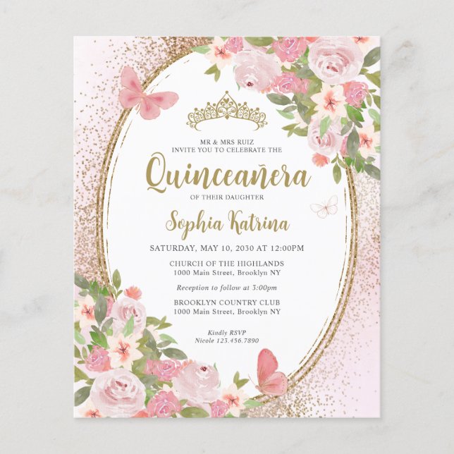 Flyer Orçamento Floral Rosa Dourado Tiara Quinceañera (Frente)