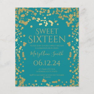 Flyer Orçamento Gold Foil Confetti Sweet 16 Invite Teal