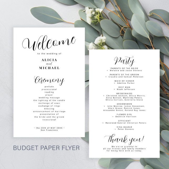 Flyer Orçamento moderno programa de casamento preto e br (Criador carregado)