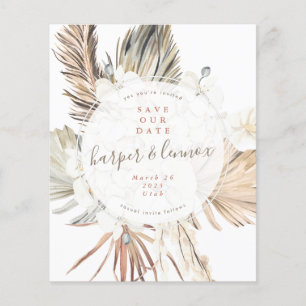 Flyer Orçamento Pampas Boho Beach Round. Salve nossa dat