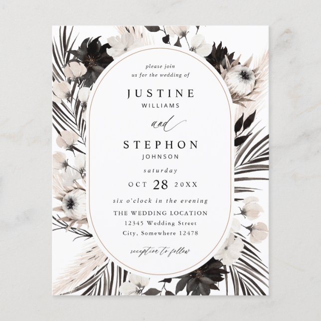 Flyer Orçamento Preto e Branco Boho Casamento Tropical (Frente)