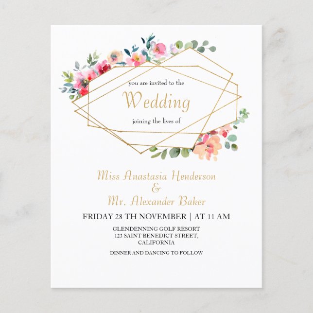 Flyer Orçamento/Quadro Dourado e Convite Floral/Casament (Frente)