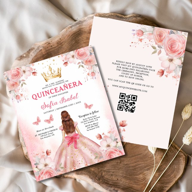 Flyer Orçamento Quinceañera Blush Borboleta Floral Rosa (Criador carregado)