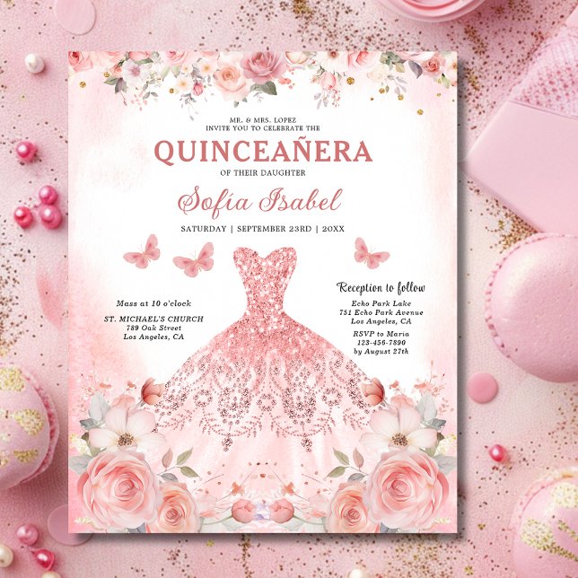 Flyer Orçamento Quinceañera Blush Borboleta Floral Rosa (Criador carregado)