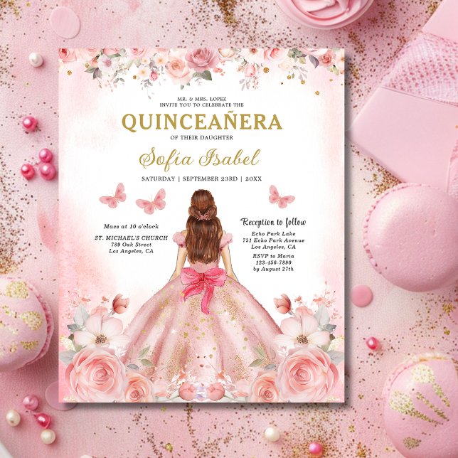 Flyer Orçamento Quinceañera Blush Rosa Rosa Rosa Floral (Criador carregado)