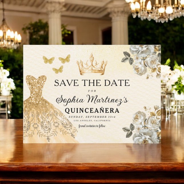 Flyer Orçamento Quinceanera Floral Dourado Salvar Data (Criador carregado)