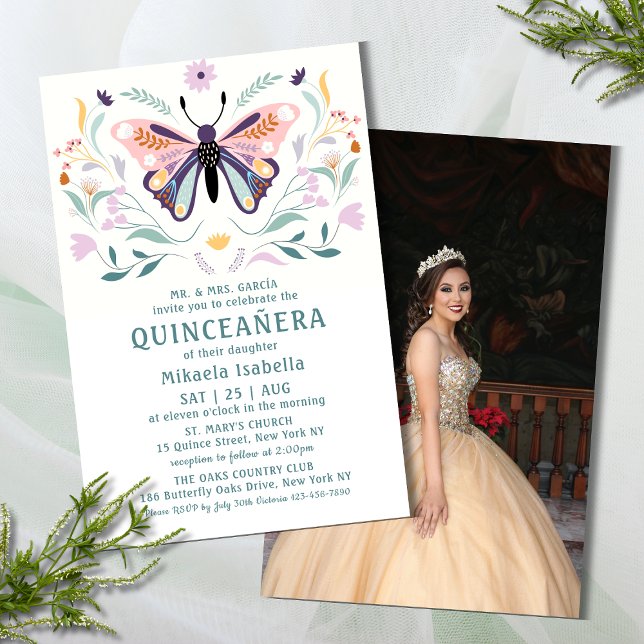 Flyer Orçamento Quinceañera Pink Butterfly Foto Floral (Criador carregado)