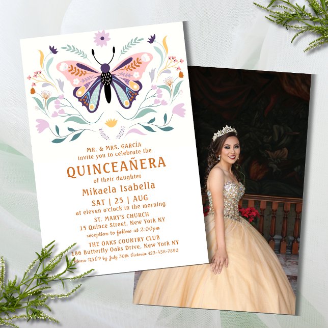 Flyer Orçamento Quinceañera Pink Butterfly Foto Floral (Criador carregado)