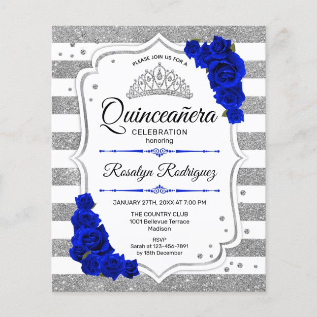 Flyer Orçamento Quinceanera Silver Royal Blue Invite (Frente)