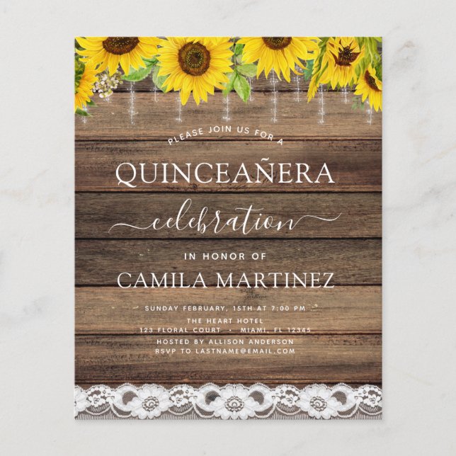 Flyer Orçamento Quinceanera Sunflower Rustic Convite (Frente)