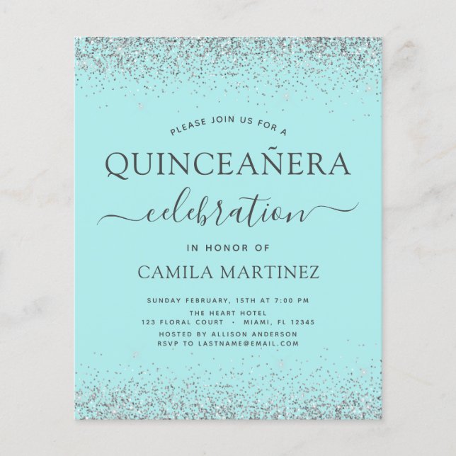 Flyer Orçamento Quinceanera Teal Blue Silver Glitter (Frente)