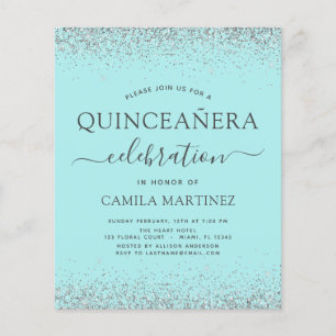 Flyer Orçamento Quinceanera Teal Blue Silver Glitter