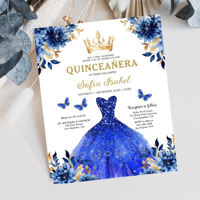 Flyer Orçamento Real Azul Bilíngue Espanhol Quinceanera (Criador carregado)