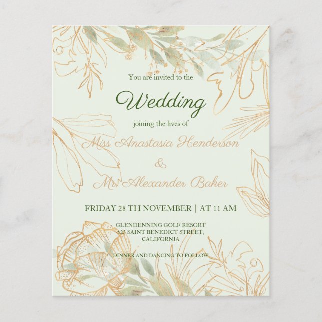 Flyer Orçamento/Verde/Dourado - Convite de Casamento. Fo (Frente)