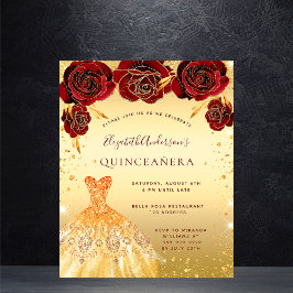 Flyer Ouro de Quinceanera, brilho vermelho vestido orçam