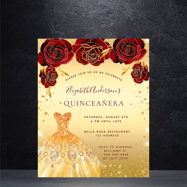 Flyer Ouro de Quinceanera, brilho vermelho vestido orçam (Criador carregado)