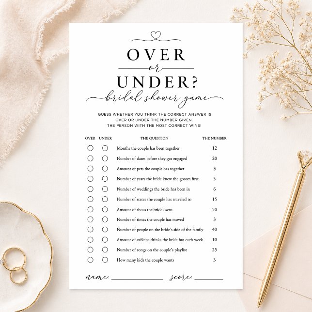 Flyer Over or Under Bridal Shower Game Card (Bridal Shower Game)