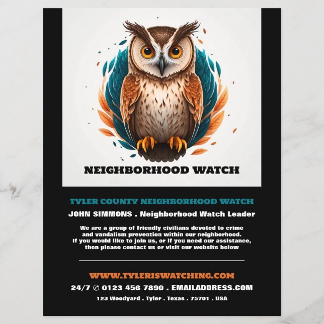 Flyer Owl Design, Anúncio de vigilância da comunidade de (Frente)