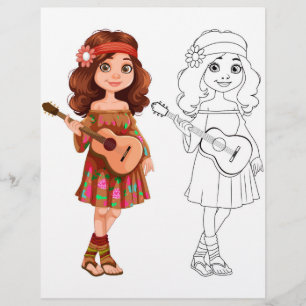 Flyer Página para colorir de menina de música de desenho