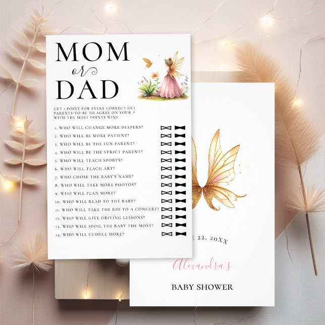 Flyer Pai Adivinha Quem Chá de fraldas Jogo Fada Princes (baby girl shower guess who game fairy princess pink gold lgbt)