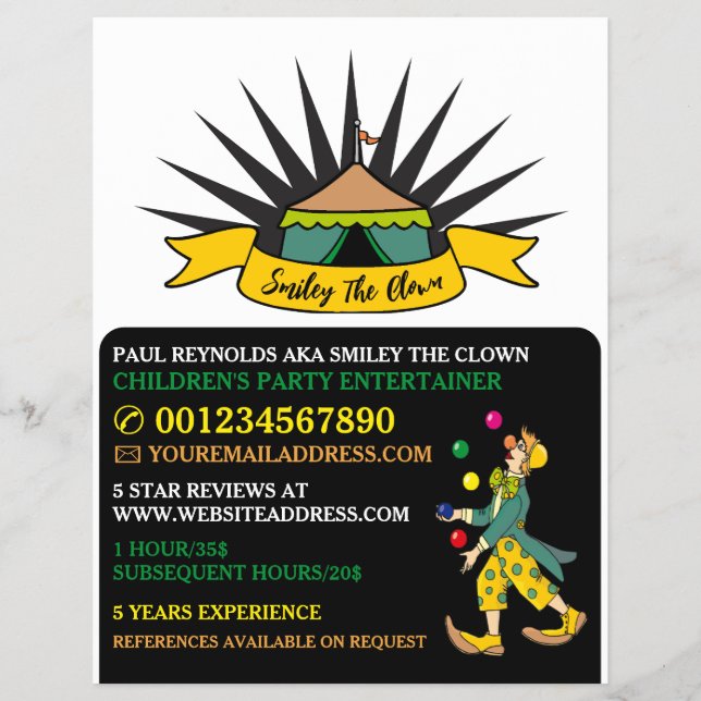 Flyer Palhaço de tenda de circo, entrada de crianças, an (Frente)