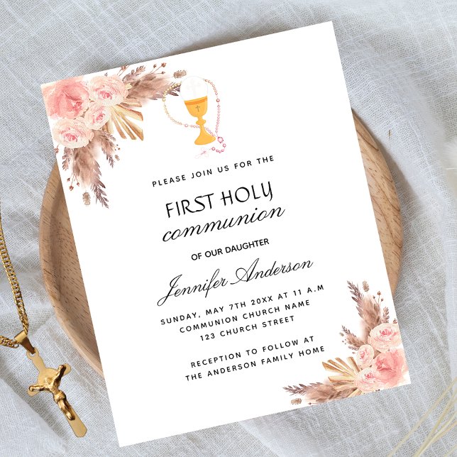 Flyer Pampas rose first communion budget invitation (Criador carregado)
