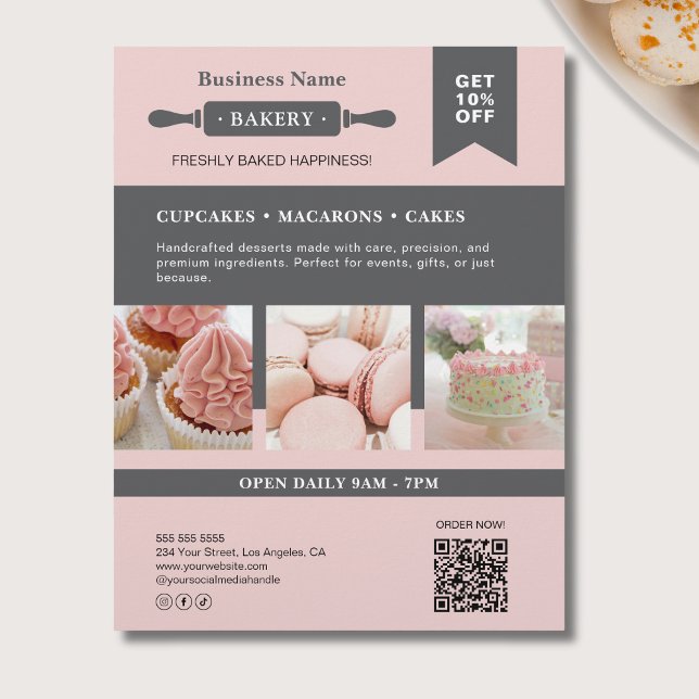 Flyer Panificador Moderno de Rolo Cor-de-Rosa Cinza Flye (Modern Rolling Pin Pink Gray Bakery Business Flyer)