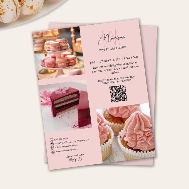 Flyer Panificadora Logotipo Personalizado Monograma Flye (Bakery Custom Monogram Logo Pink Flyer)