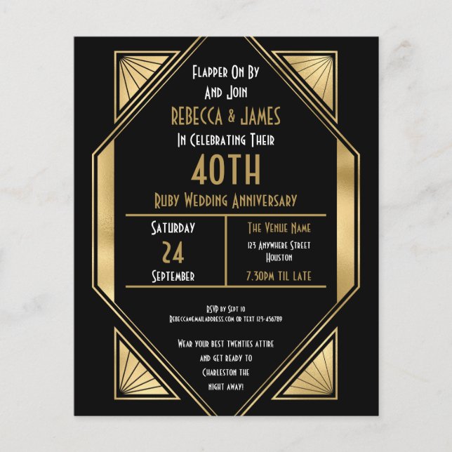 Flyer PAPEL | Art Deco Ruby 40.o Aniversário Convite (Frente)
