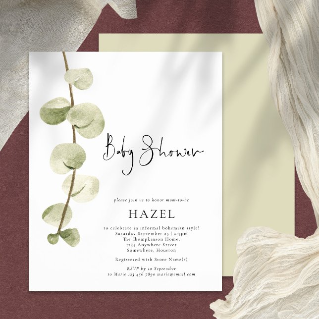 Flyer PAPEL | Chá de fraldas de Script Eucalyptus Waterc (Criador carregado)