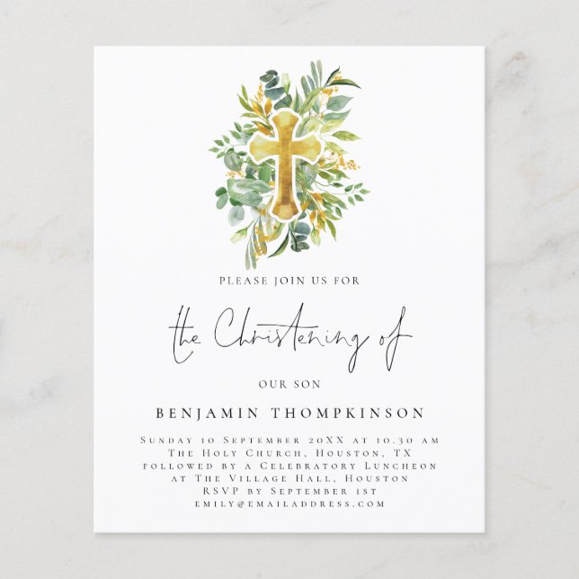 Flyer PAPEL | Eucalyptus Cross Christening Teal Invite (Frente)