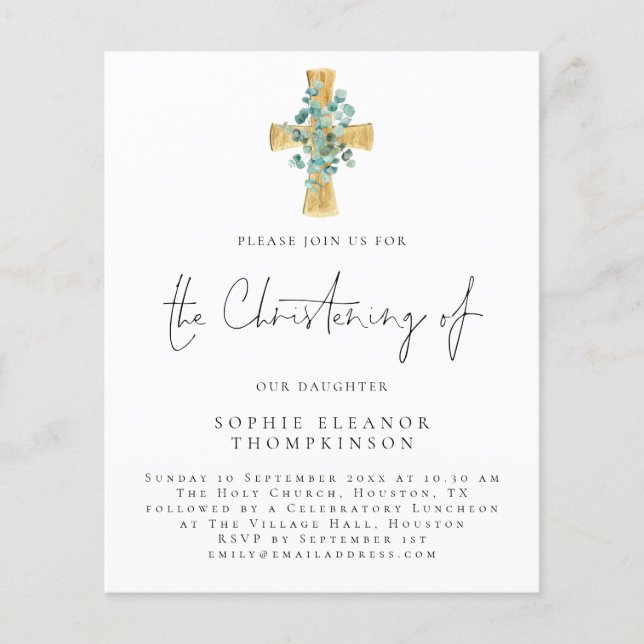 Flyer PAPEL | Eucalyptus Cross Script Christening Convit (Frente)