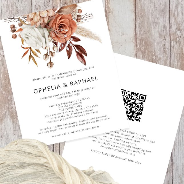 Flyer PAPEL Terracotta Florals QR Code Bohemian Wedding (Front and Back View)